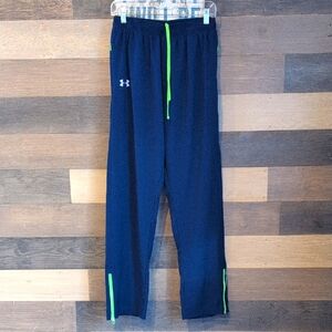 Under Armour Heatgear Flyweight Navy Running Pants w Green Accents Sz Mens L